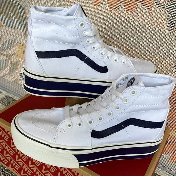 Vans Men’s Sk8-Hi Tapered
Sport Stripes Navy/True White 
VN0A5JMKNWD
Platforms - Picture 11 of 16